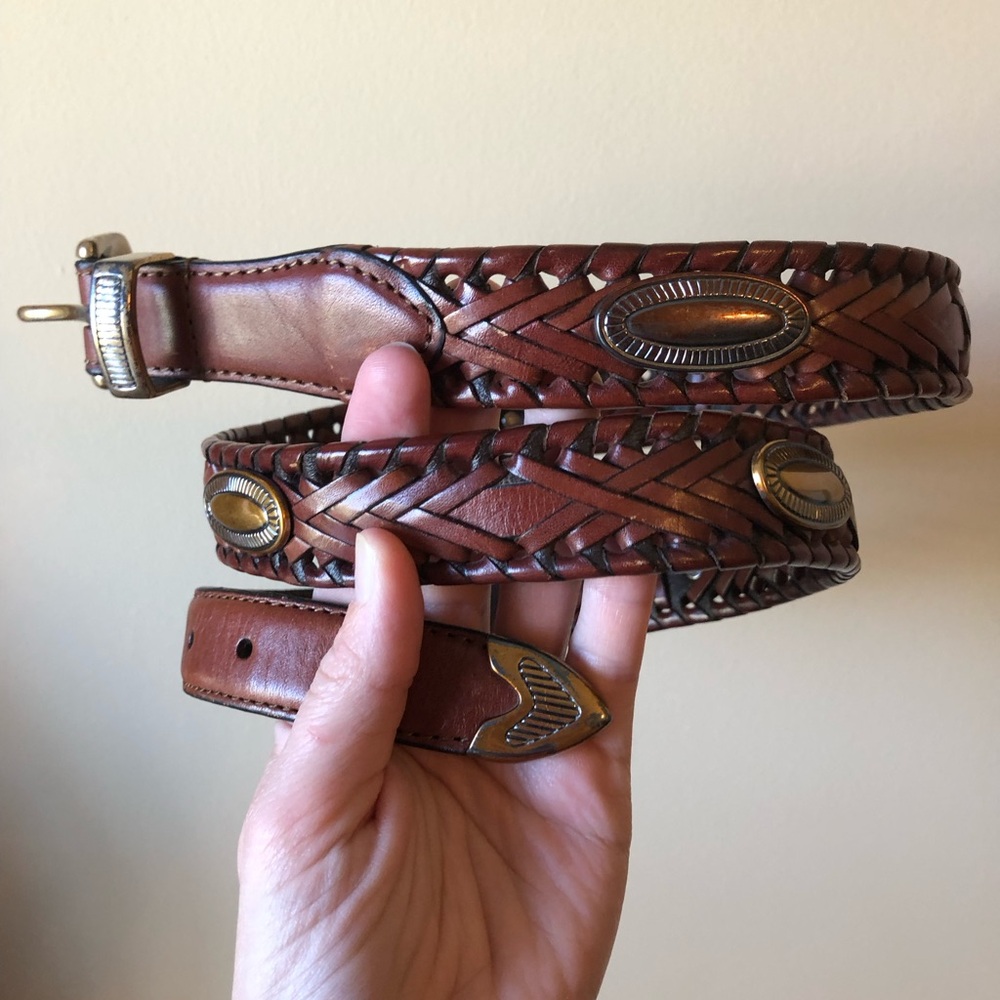 Fossil men’s 38 belt cowhide leather braided brown metal accents